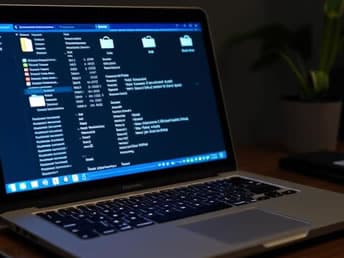 Deleted File Recovery Service A laptop on a dimly lit desk displays a file data recovery process with a dark theme. A plant is slightly visible in the background, adding a touch of greenery.
