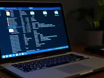 Deleted File Recovery Service A laptop on a dimly lit desk displays a file data recovery process with a dark theme. A plant is slightly visible in the background, adding a touch of greenery.