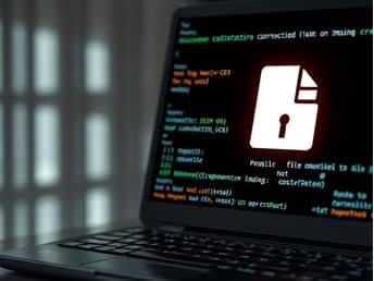 File System Corruption Data Recovery A laptop displays a screen with colorful coding lines and a central red icon of a paper with a lock, symbolizing digital security or encryption.