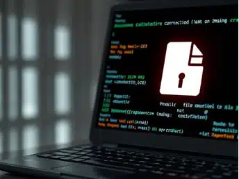 File System Corruption Data Recovery A laptop displays a screen with colorful coding lines and a central red icon of a paper with a lock, symbolizing digital security or encryption.