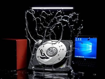 Water Damaged Device Data Recovery A hard drive is shown against a dark background, encircled by splashing water, flanked by a red box and a smartphone displaying a blue Windows screen.